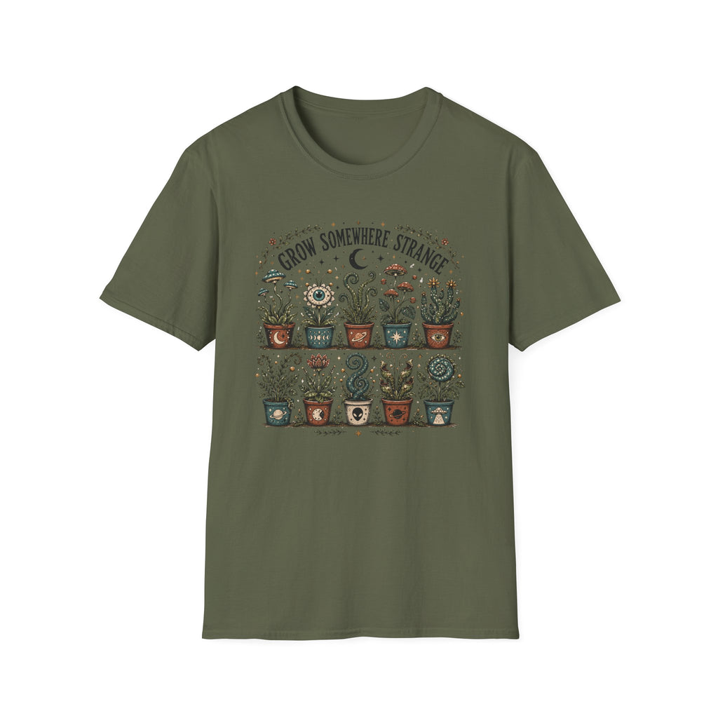 Grow Somewhere Strange Whimsical Potted Plant Graphic T-Shirt