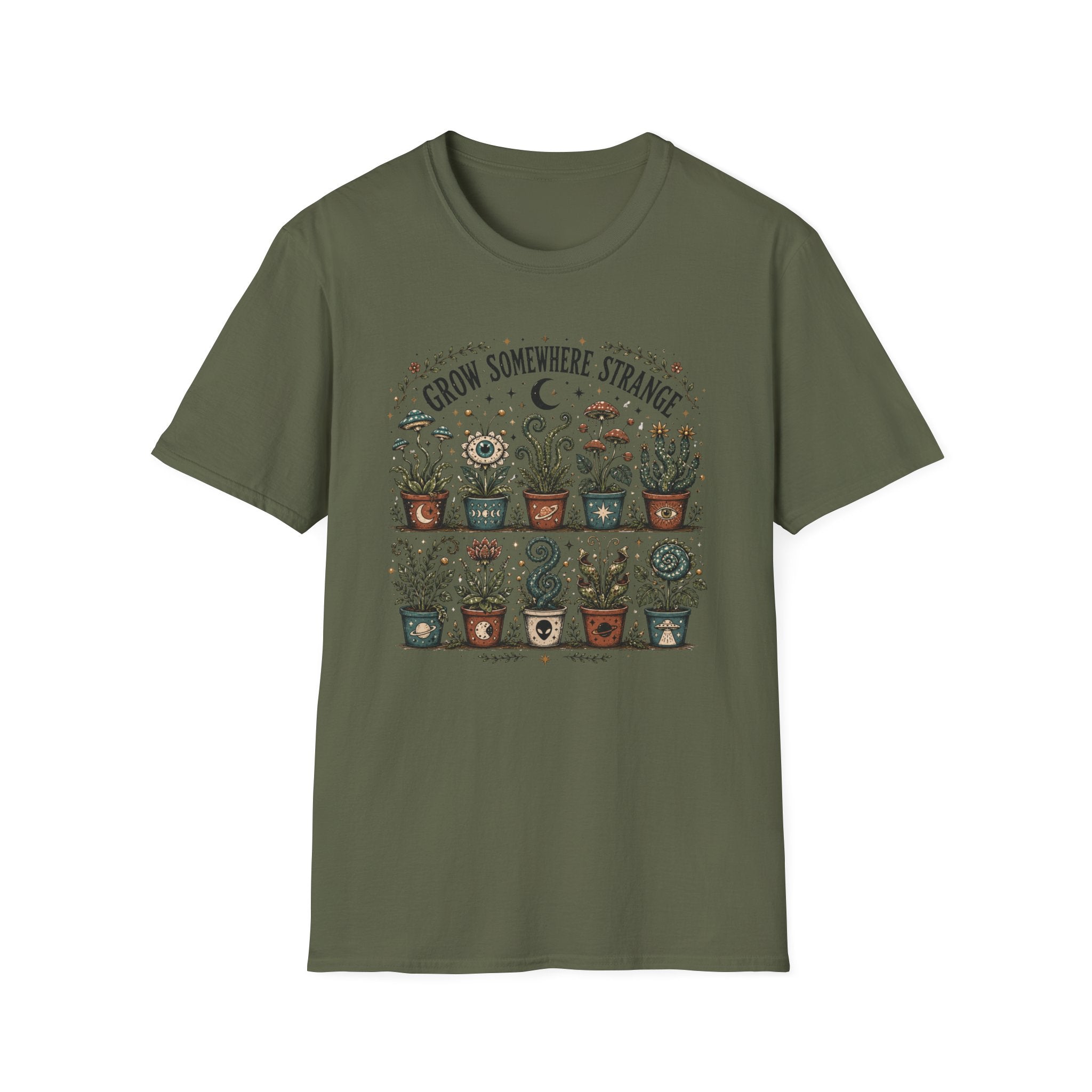 Grow Somewhere Strange T-Shirt — Whimsical Potted Plant Graphic Tee