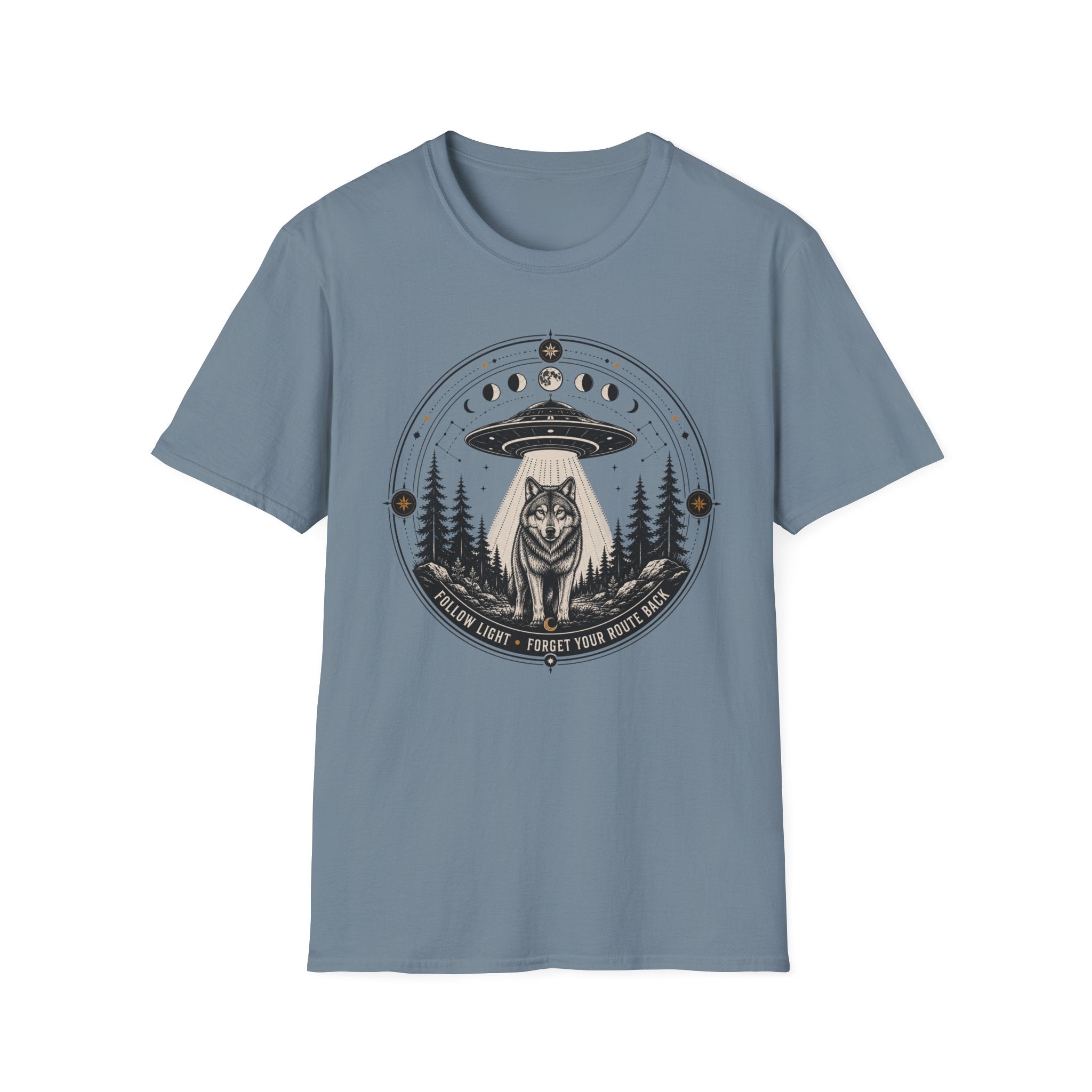 Wolf UFO T-Shirt Mystic Moon Phases Forest Graphic Tee