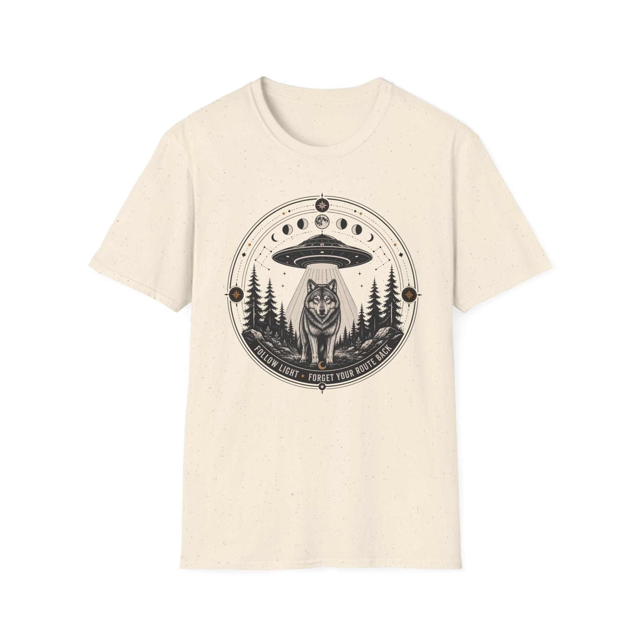 Wolf UFO T-Shirt Mystic Moon Phases Forest Graphic Tee