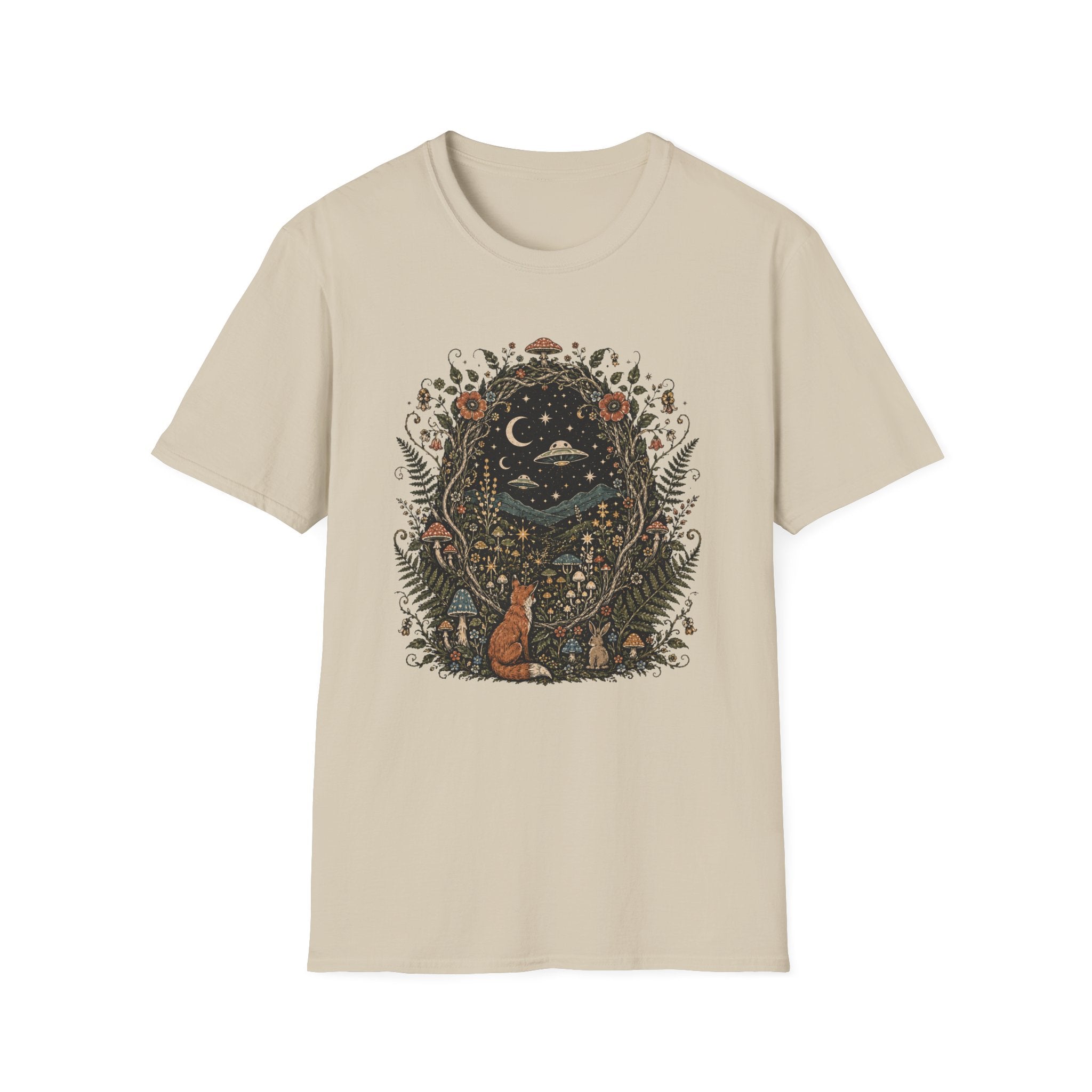 Mystic Forest Night T-Shirt — Moon, Stars & Fox Graphic Tee