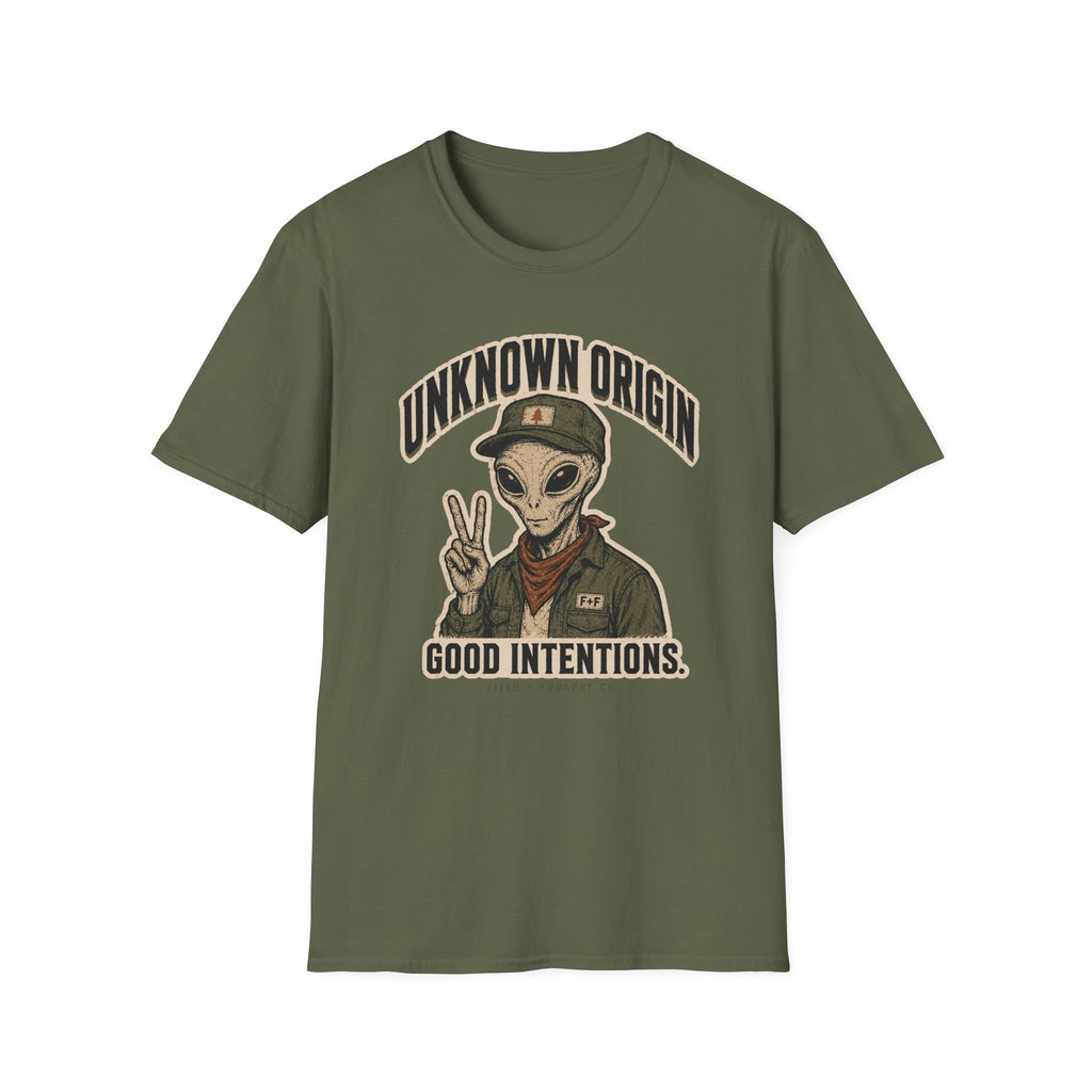 Alien Peace Sign T-Shirt — "Unknown Origin, Good Intentions" Graphic Tee