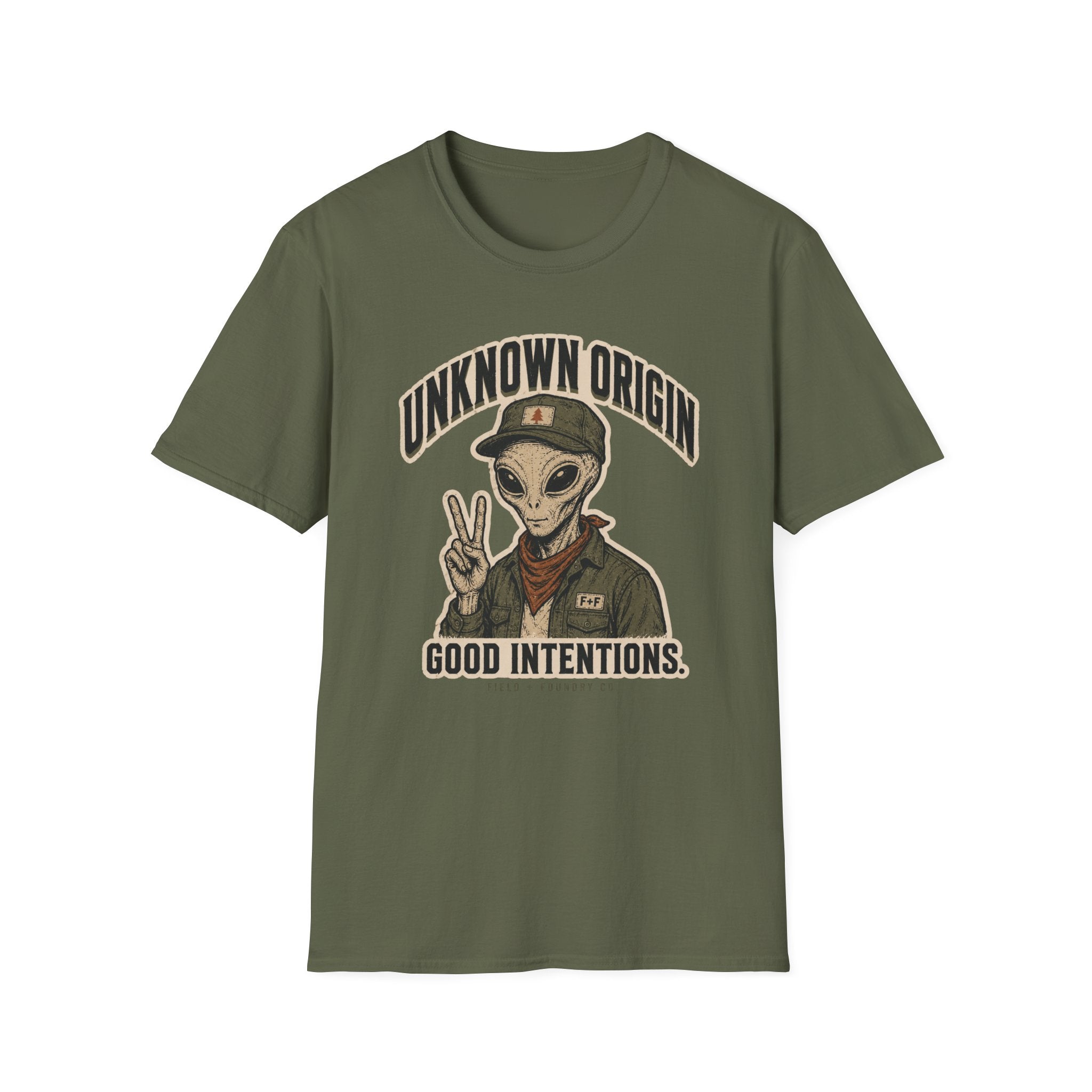 Alien Peace Sign T-Shirt — "Unknown Origin, Good Intentions" Graphic Tee