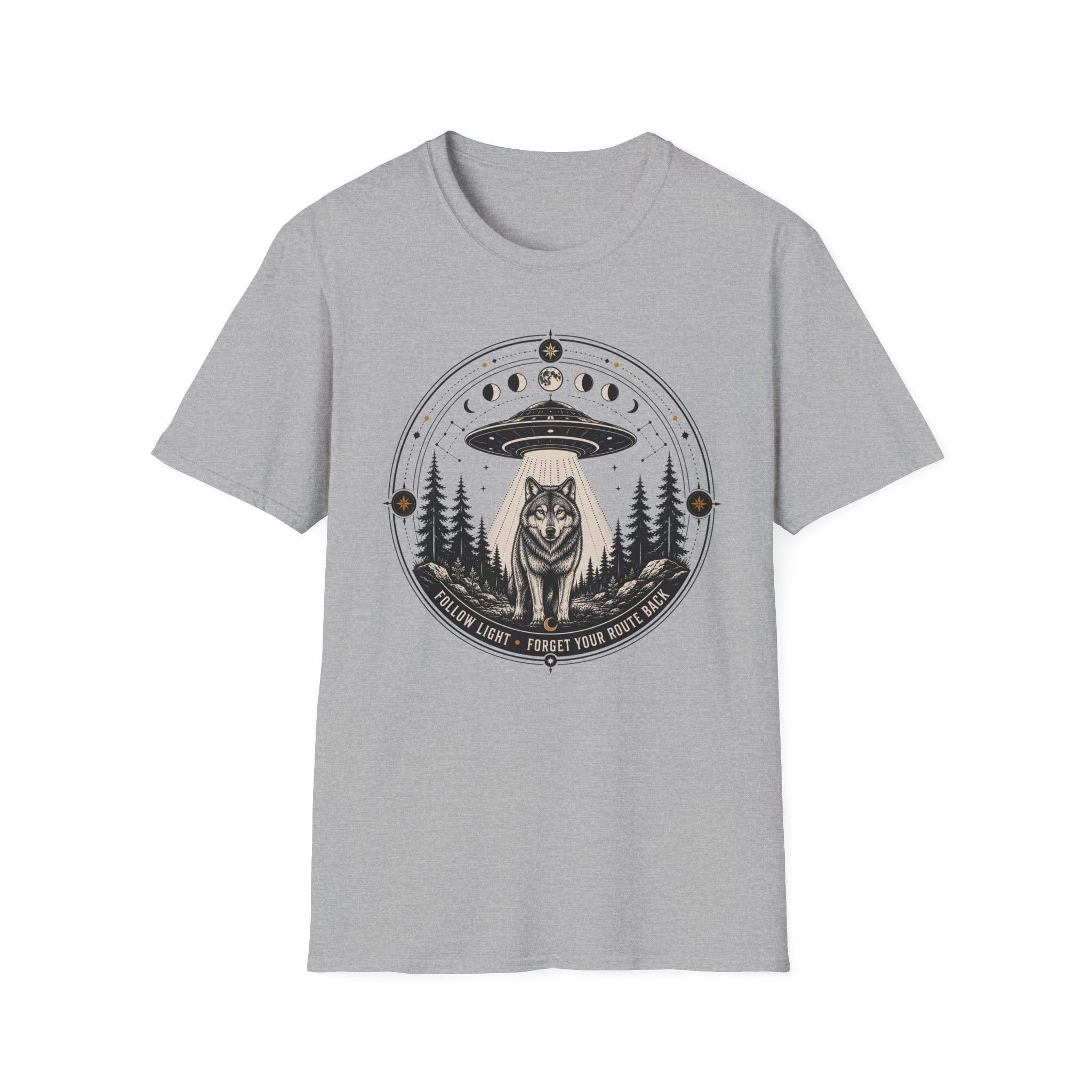 Wolf UFO T-Shirt Mystic Moon Phases Forest Graphic Tee