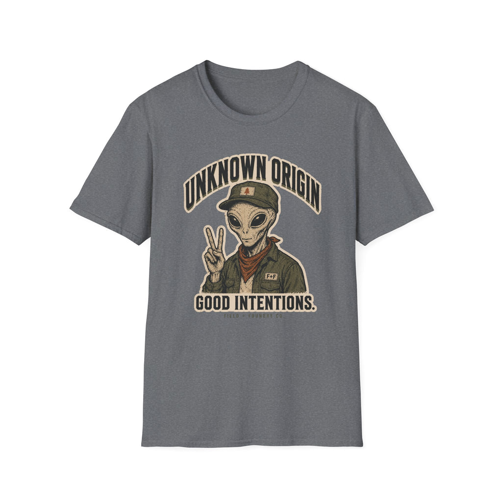 Alien Peace Sign T-Shirt — "Unknown Origin, Good Intentions" Graphic Tee