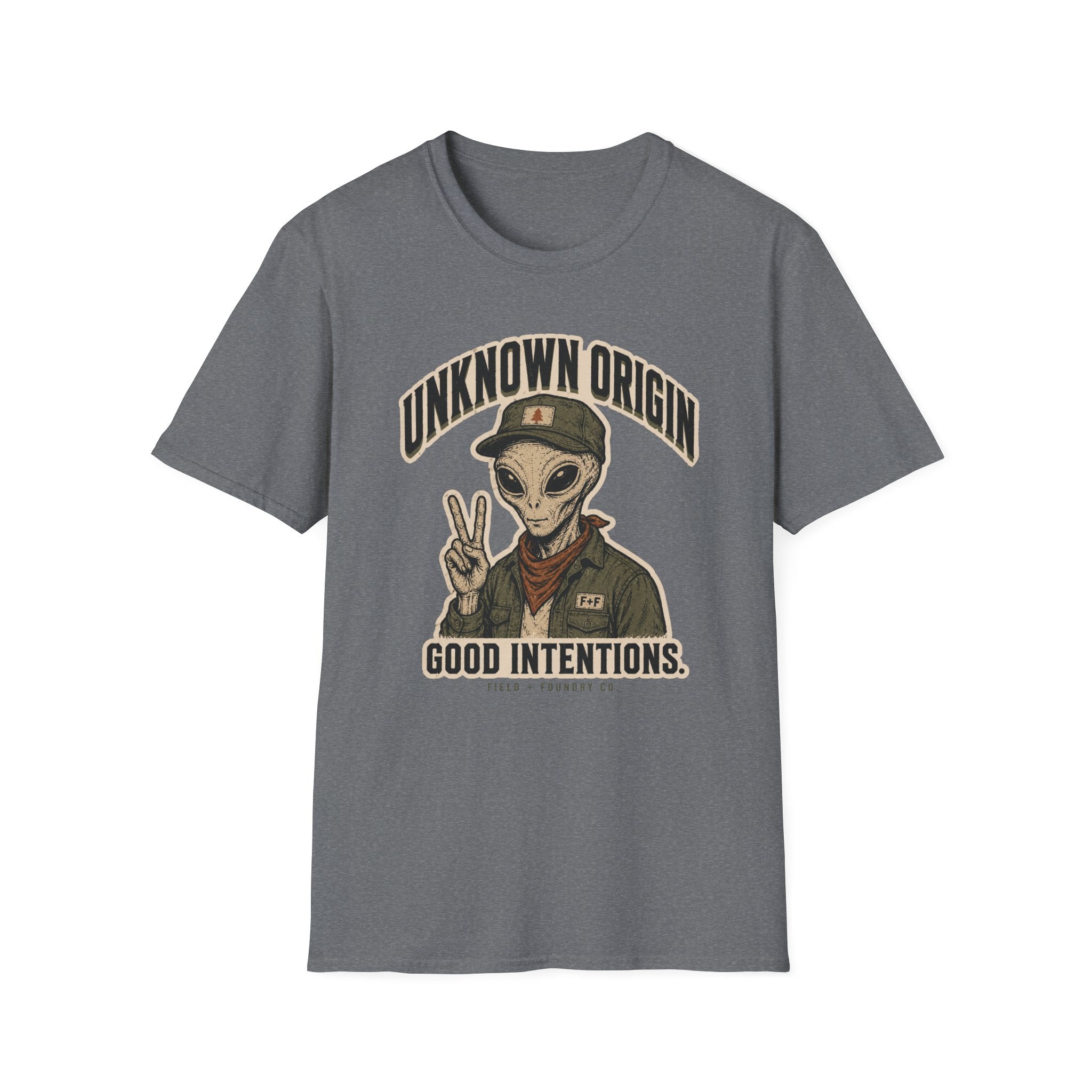 Alien Peace Sign T-Shirt — "Unknown Origin, Good Intentions" Graphic Tee