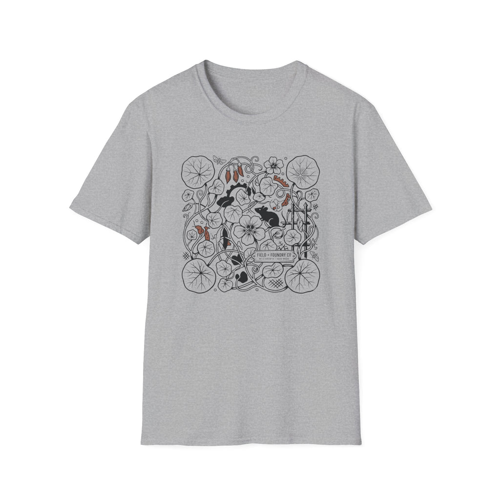 Garden Cats T‑Shirt Whimsical Botanical Illustration
