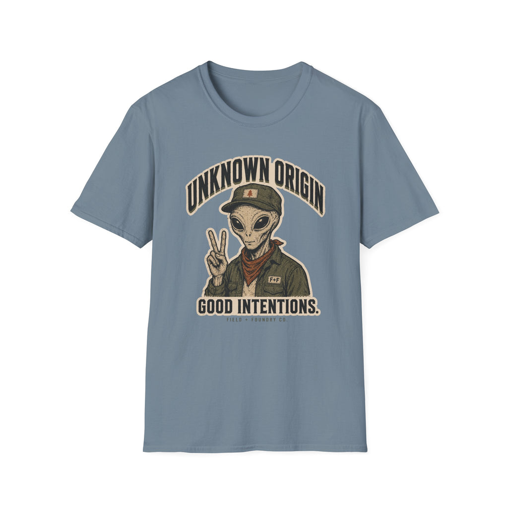 Alien Peace Sign T-Shirt — "Unknown Origin, Good Intentions" Graphic Tee