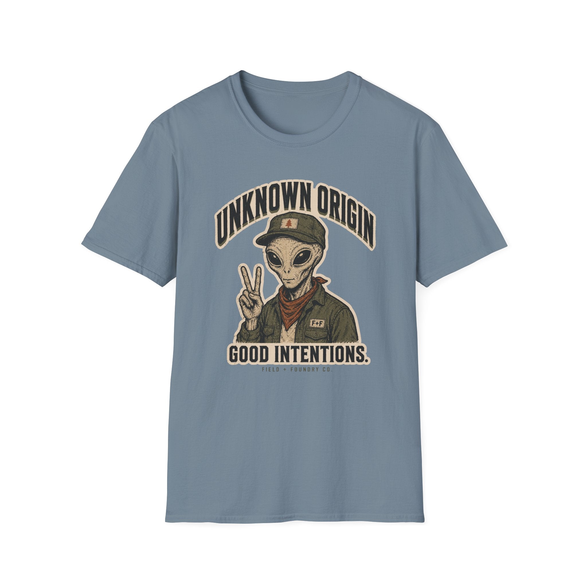 Alien Peace Sign T-Shirt — "Unknown Origin, Good Intentions" Graphic Tee