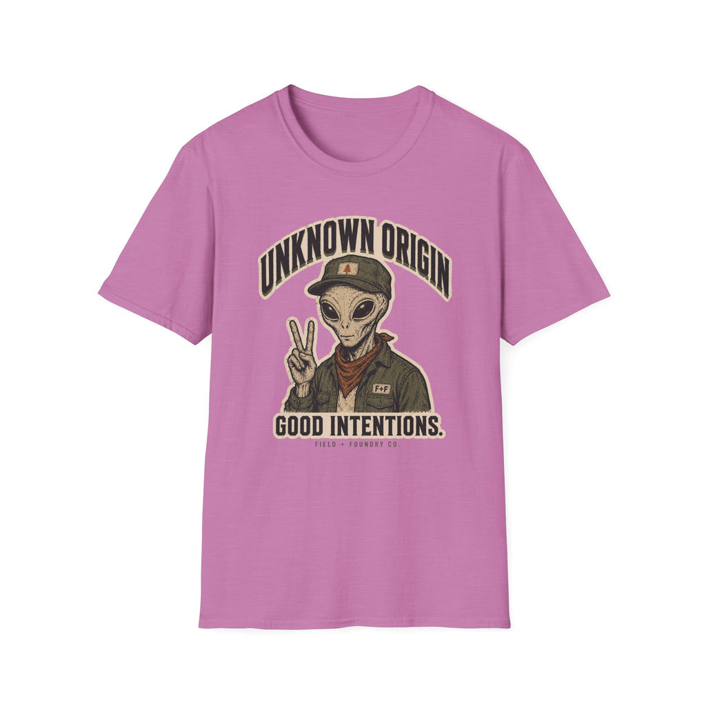 Alien Peace Sign T-Shirt — "Unknown Origin, Good Intentions" Graphic Tee
