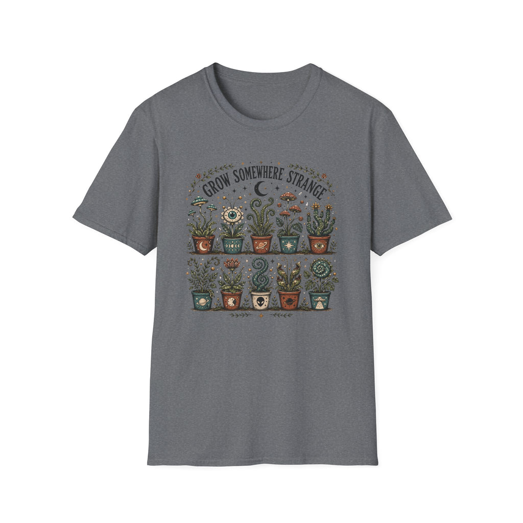 Grow Somewhere Strange Whimsical Potted Plant Graphic T-Shirt