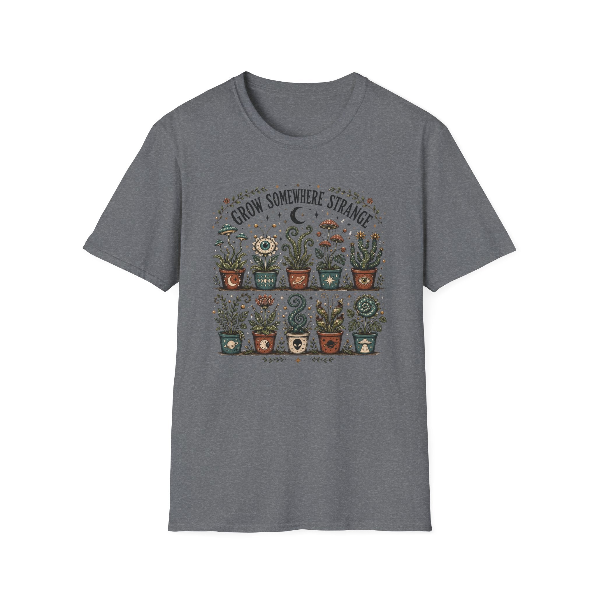 Grow Somewhere Strange T-Shirt — Whimsical Potted Plant Graphic Tee