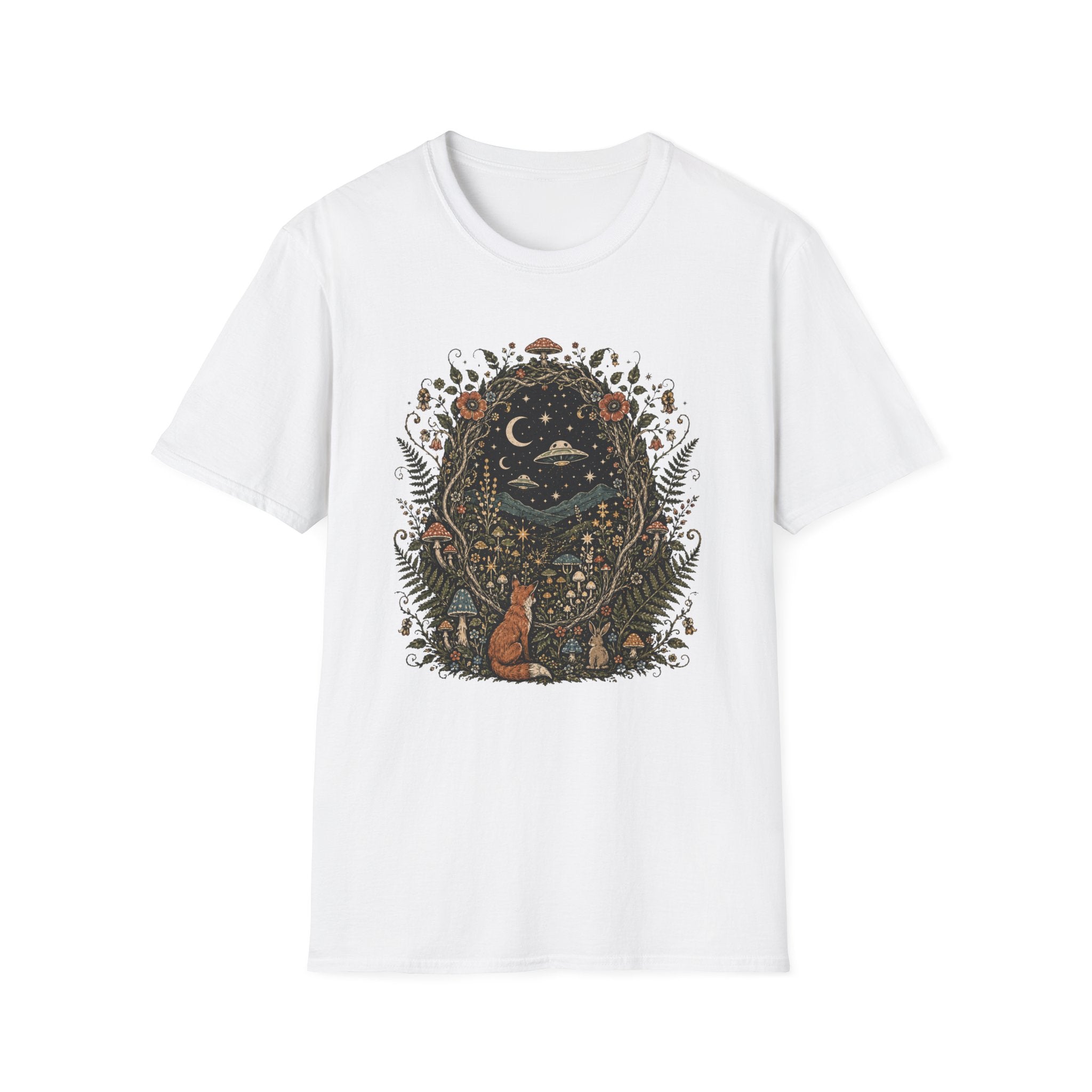 Mystic Forest Night T-Shirt — Moon, Stars & Fox Graphic Tee