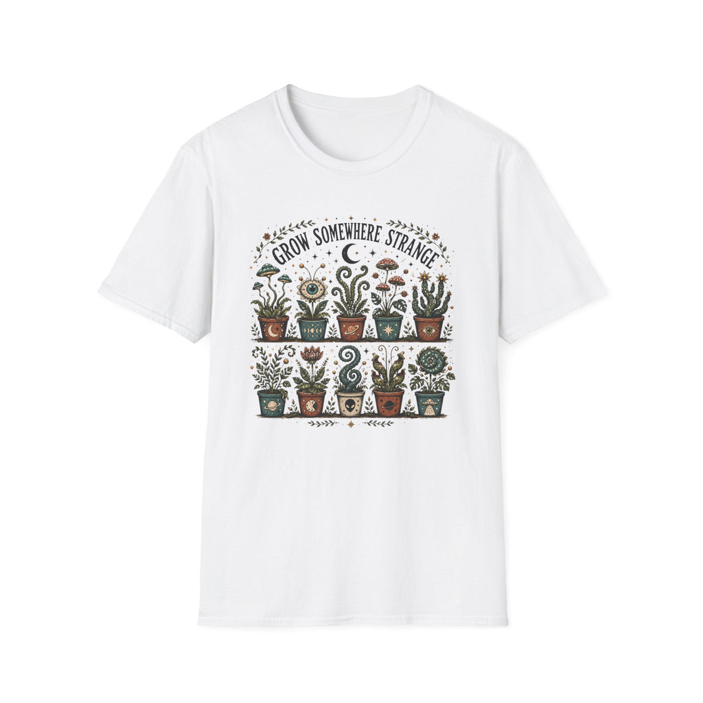 Grow Somewhere Strange Whimsical Potted Plant Graphic T-Shirt