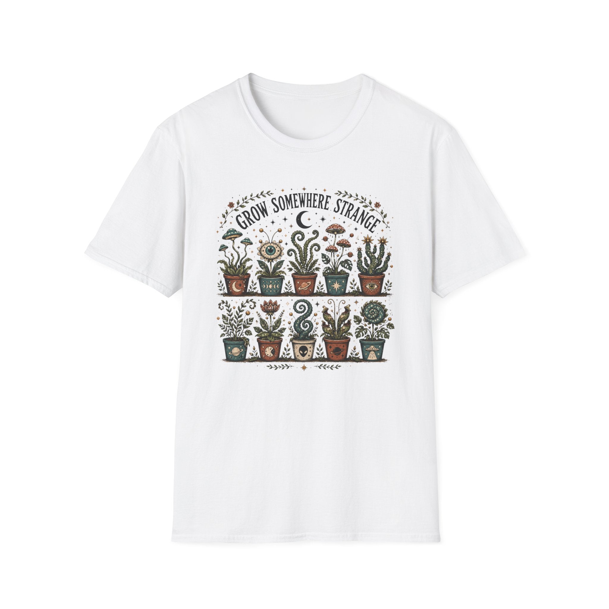 Grow Somewhere Strange T-Shirt — Whimsical Potted Plant Graphic Tee