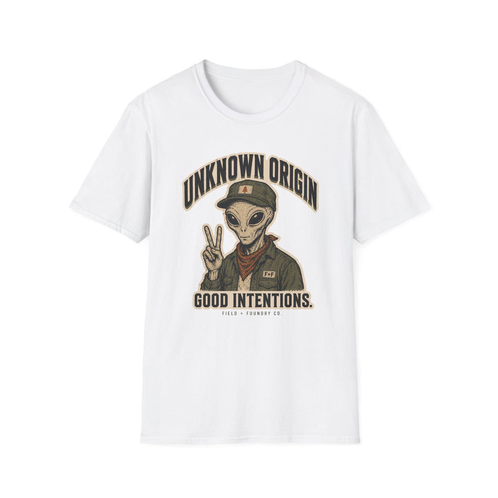 Alien Peace Sign T-Shirt — "Unknown Origin, Good Intentions" Graphic Tee