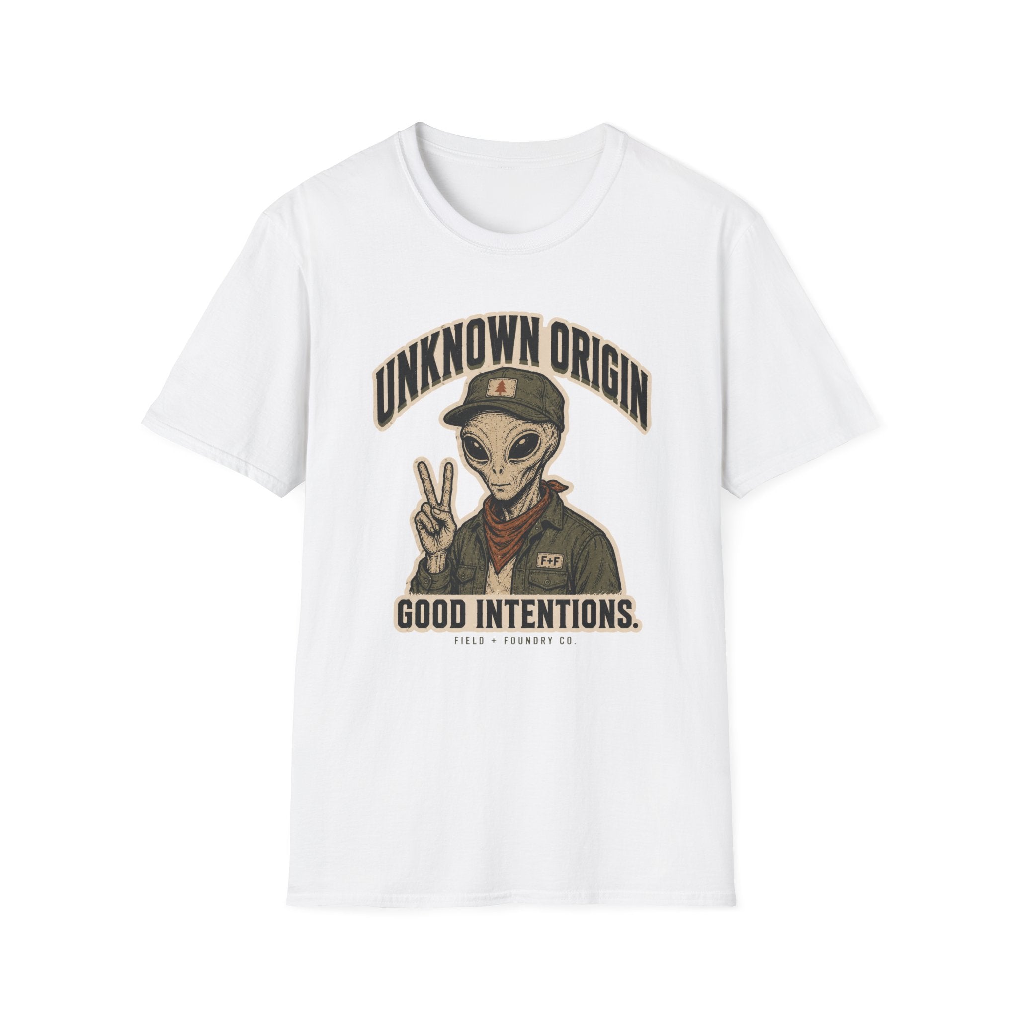 Alien Peace Sign T-Shirt — "Unknown Origin, Good Intentions" Graphic Tee