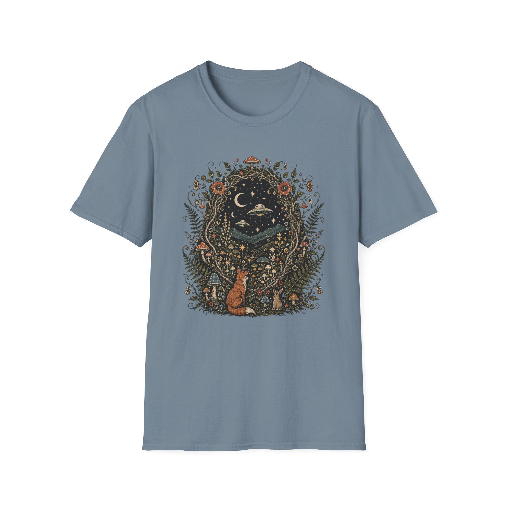 Mystic Forest Night T-Shirt — Moon, Stars & Fox Graphic Tee