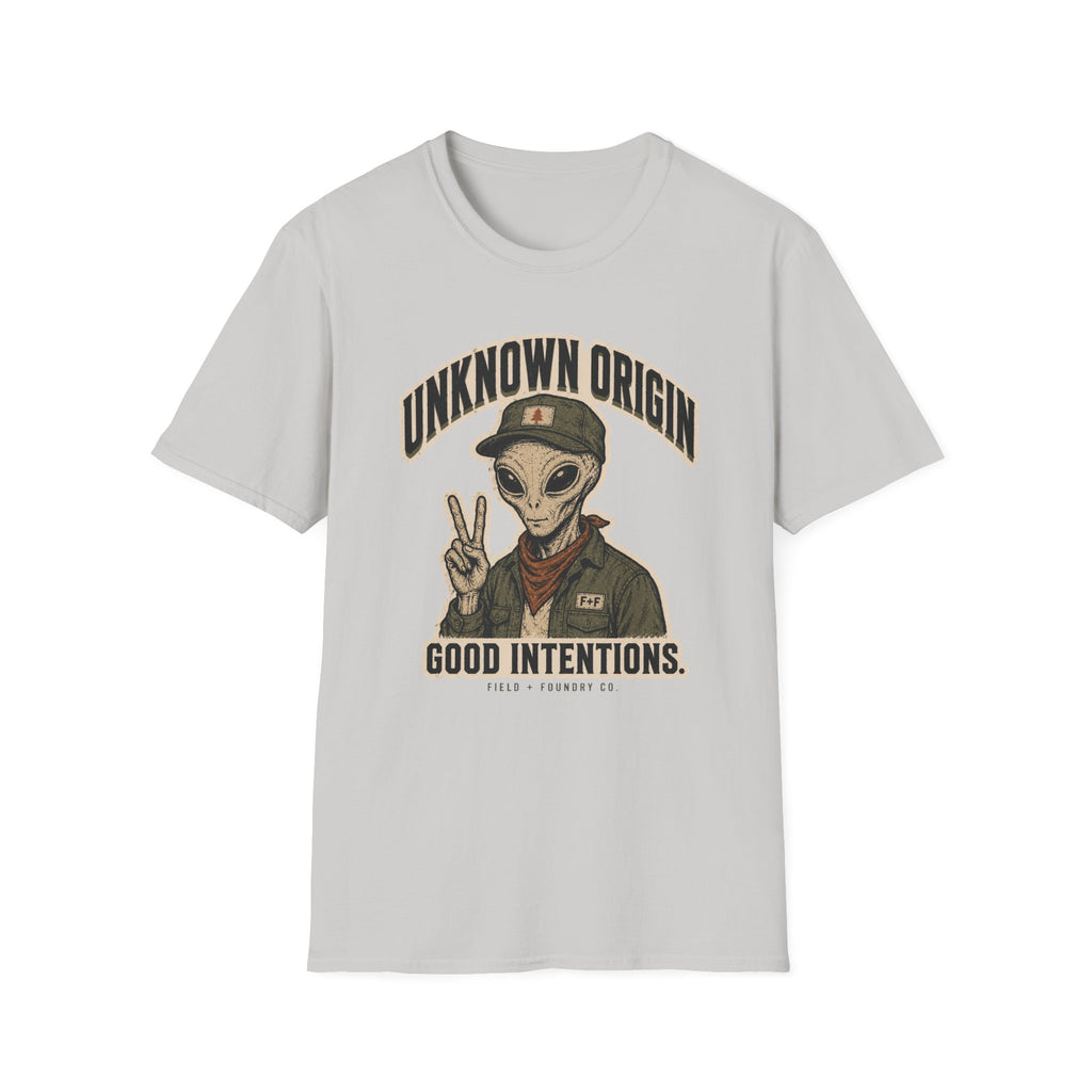 Alien Peace Sign T-Shirt — "Unknown Origin, Good Intentions" Graphic Tee
