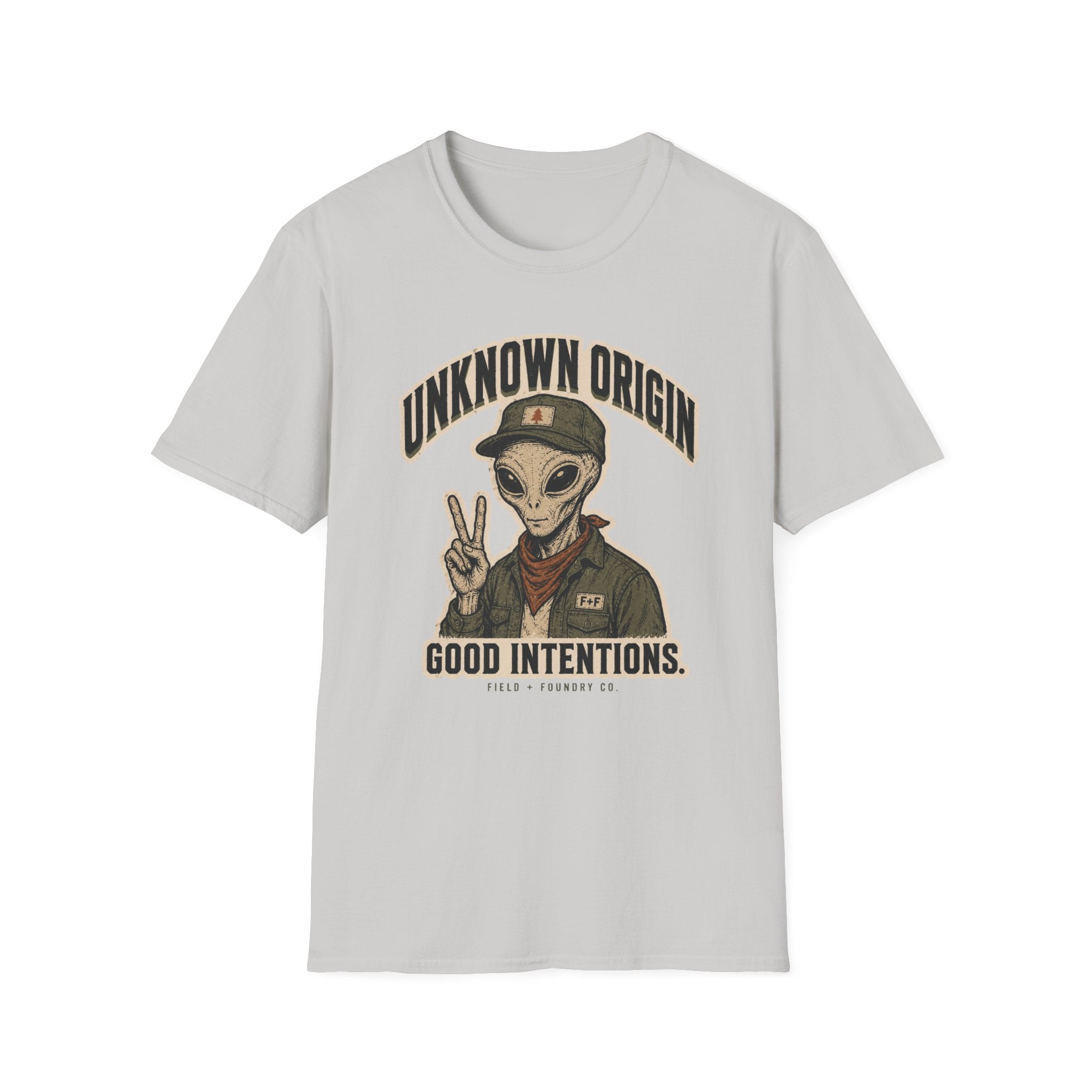 Alien Peace Sign T-Shirt — "Unknown Origin, Good Intentions" Graphic Tee