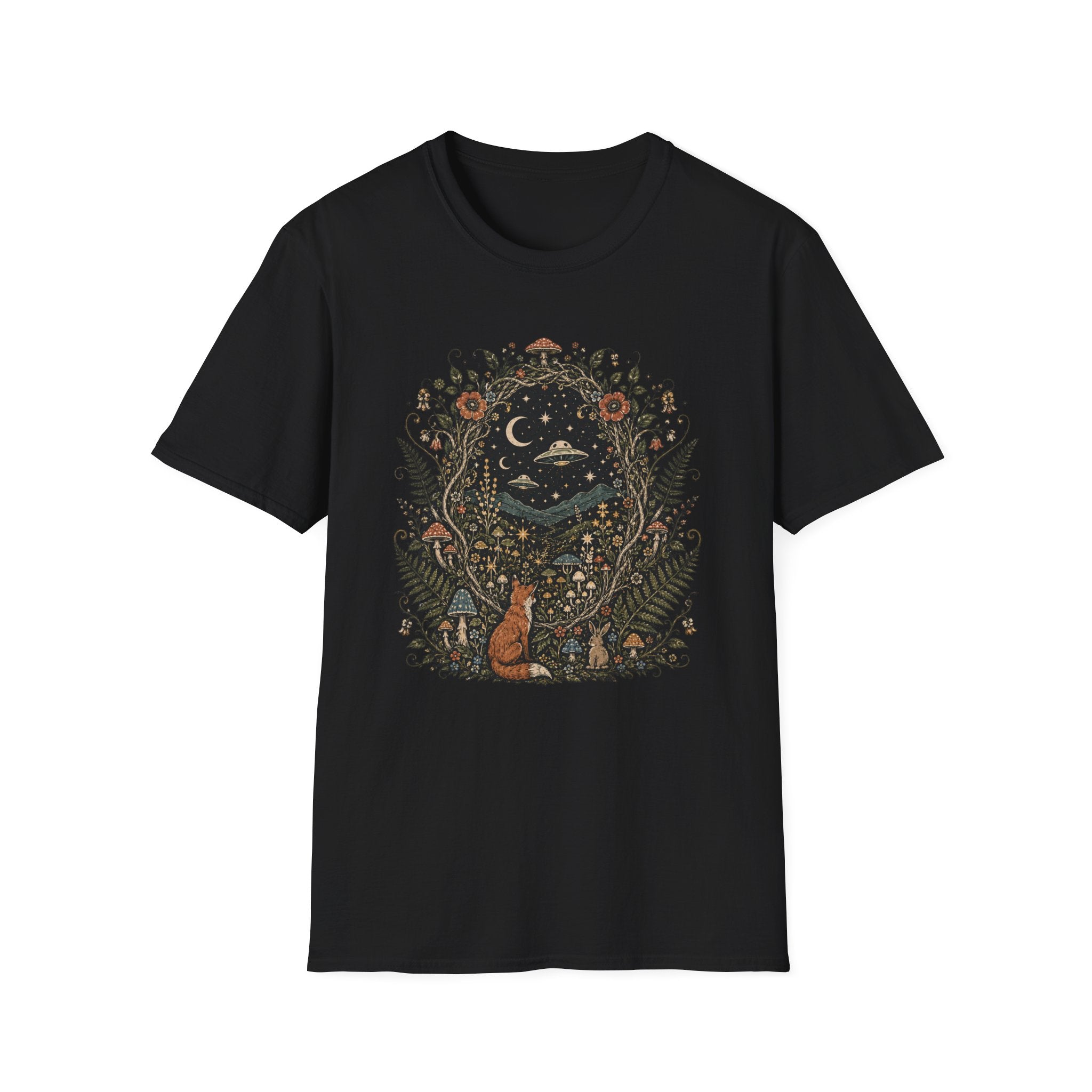 Mystic Forest Night T-Shirt — Moon, Stars & Fox Graphic Tee