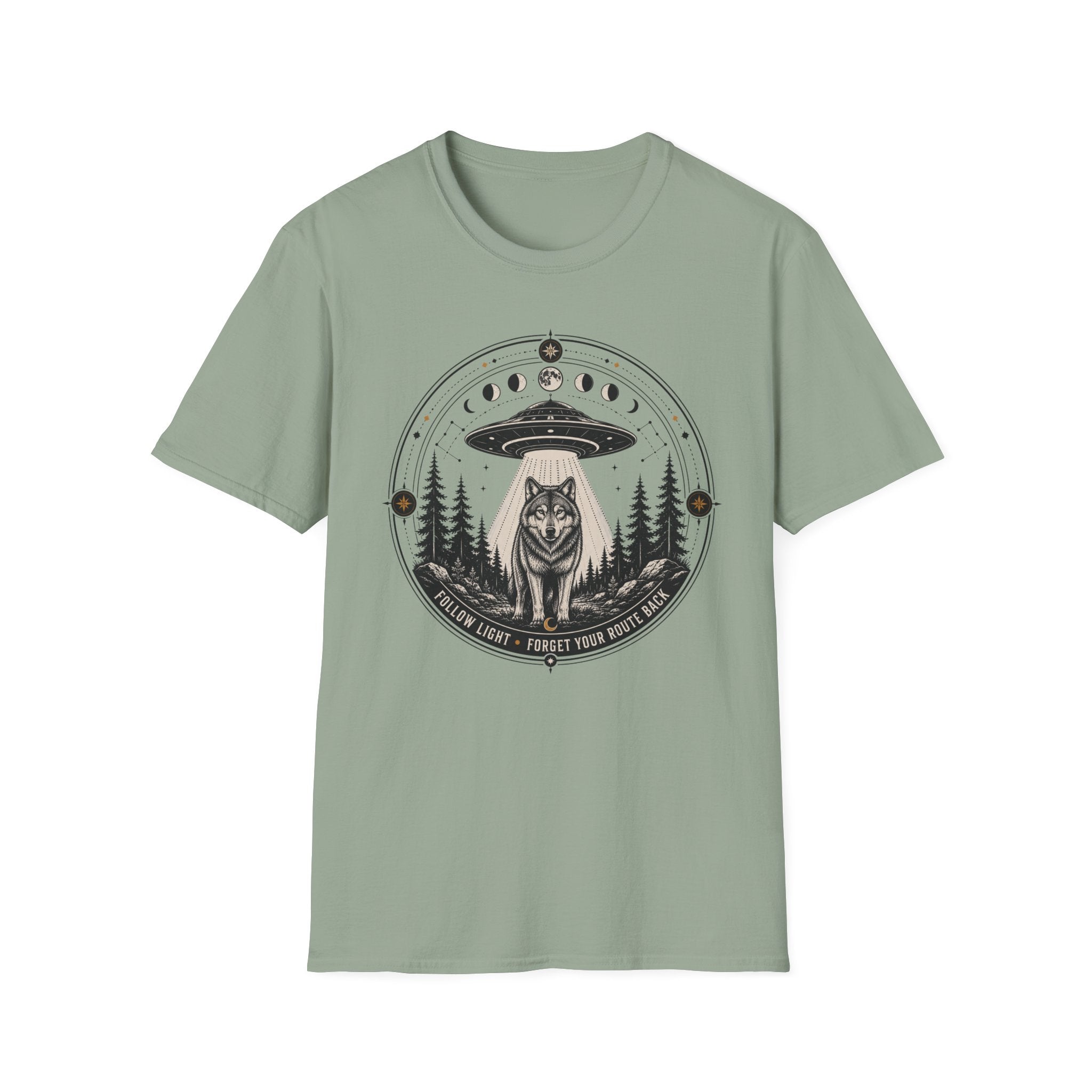 Wolf UFO T-Shirt Mystic Moon Phases Forest Graphic Tee