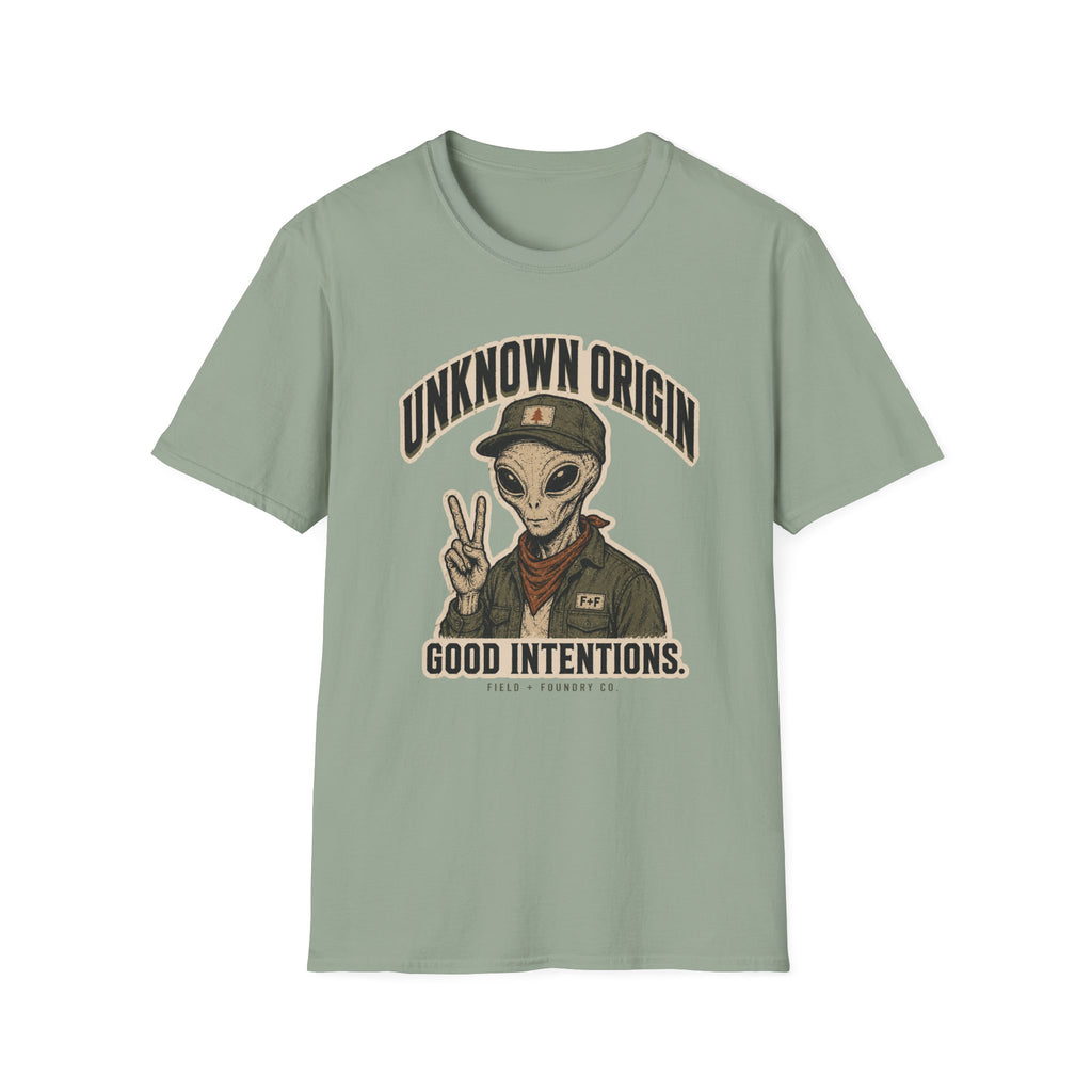 Alien Peace Sign T-Shirt — "Unknown Origin, Good Intentions" Graphic Tee