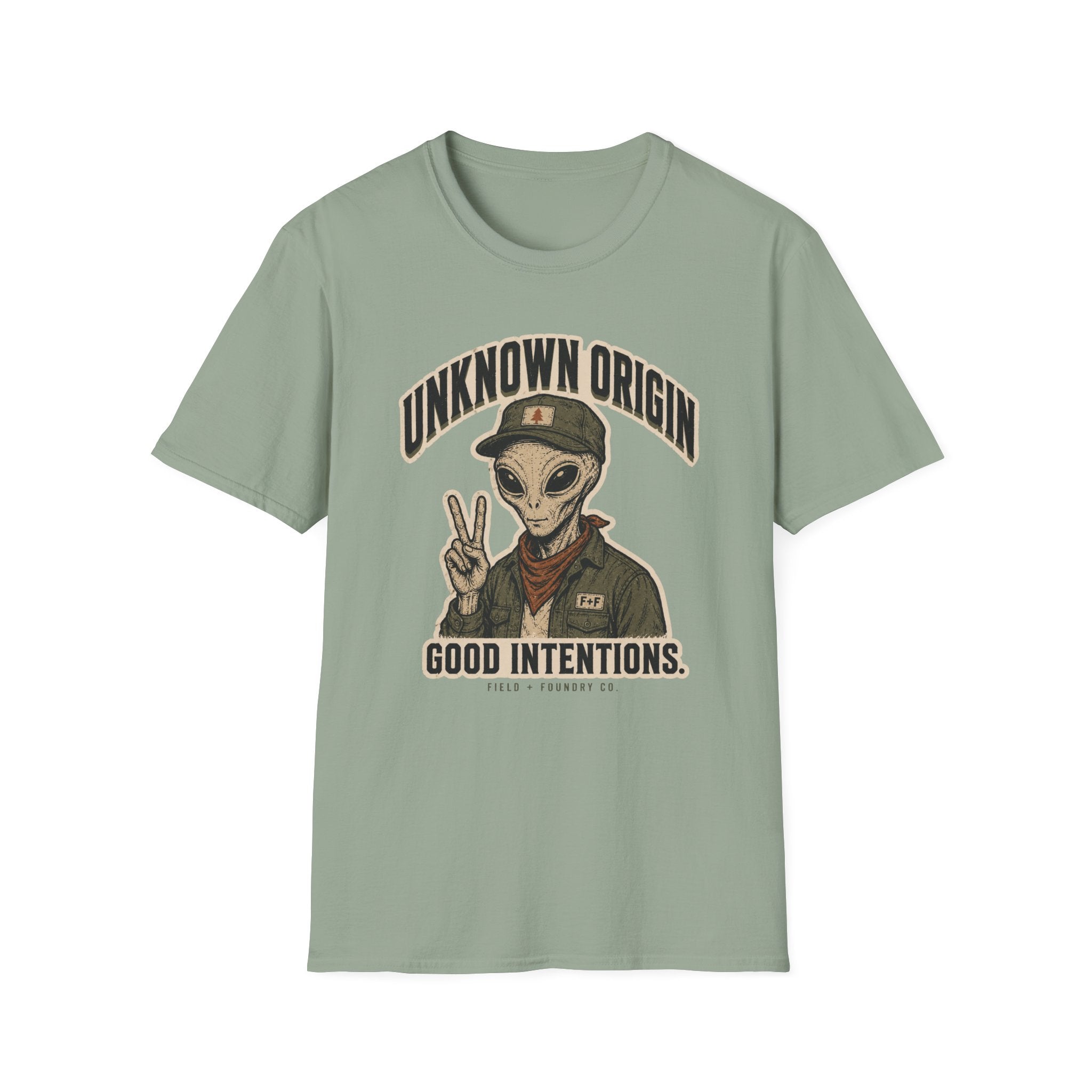 Alien Peace Sign T-Shirt — "Unknown Origin, Good Intentions" Graphic Tee