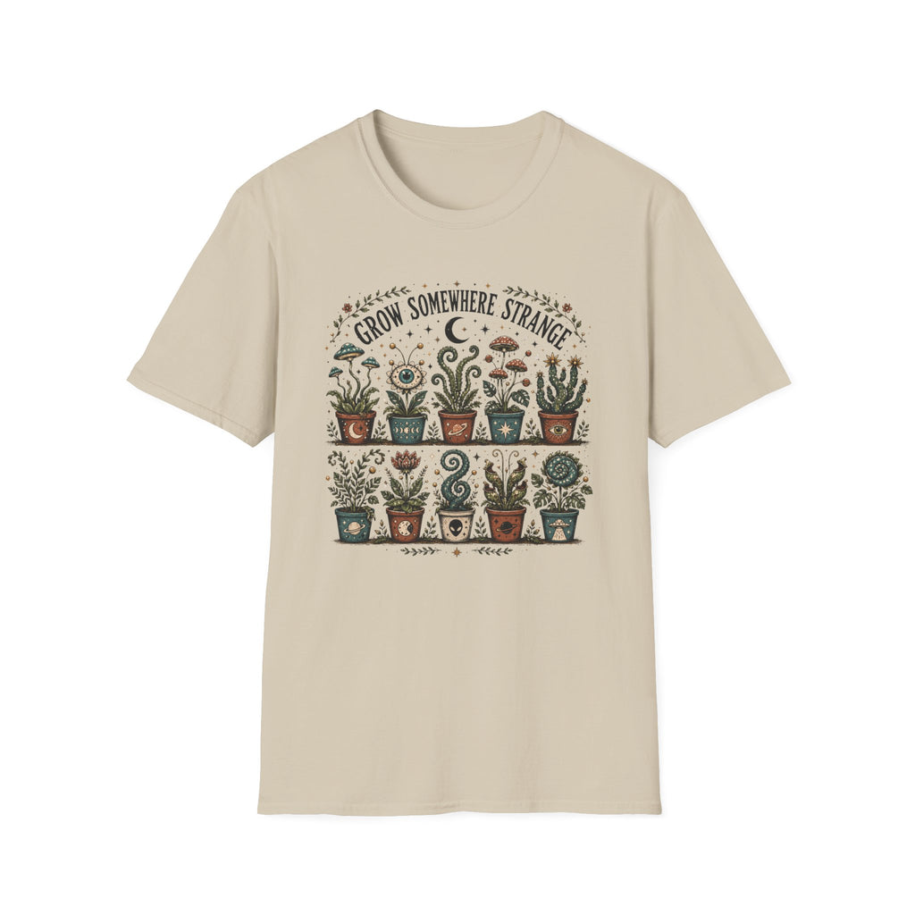 Grow Somewhere Strange Whimsical Potted Plant Graphic T-Shirt