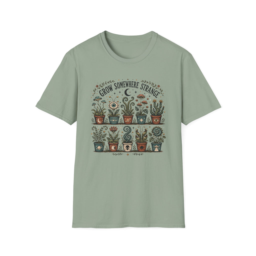 Grow Somewhere Strange Whimsical Potted Plant Graphic T-Shirt