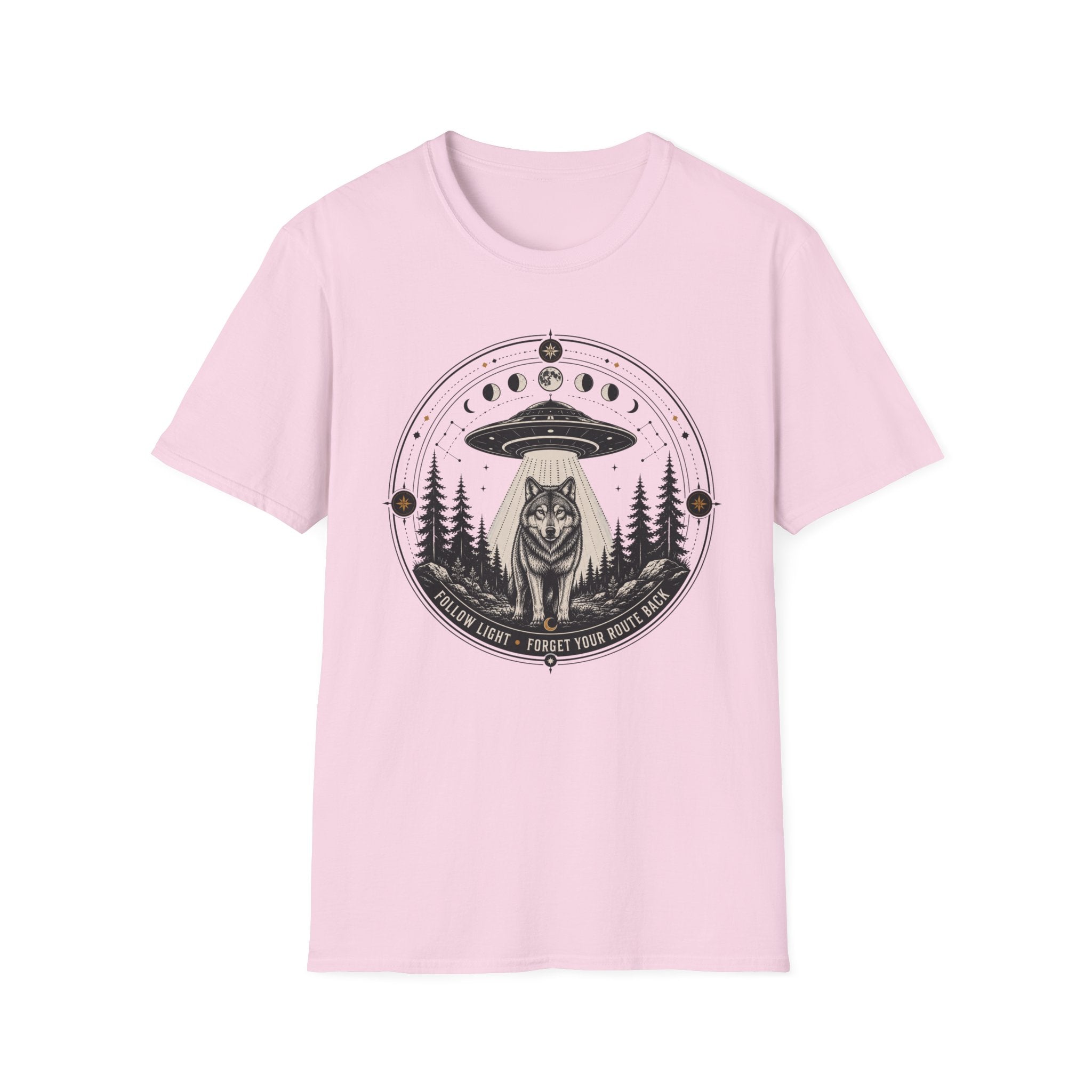 Wolf UFO T-Shirt Mystic Moon Phases Forest Graphic Tee
