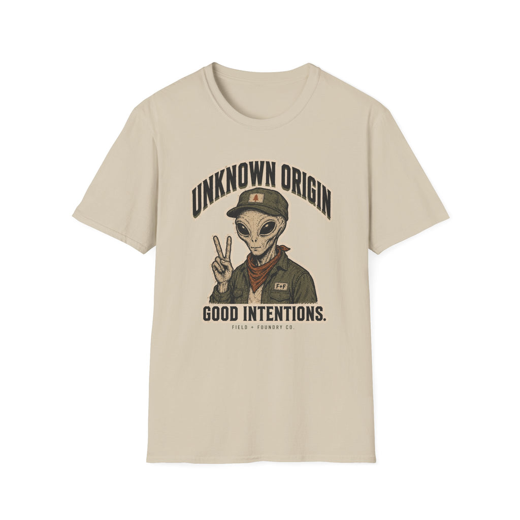 Alien Peace Sign T-Shirt — "Unknown Origin, Good Intentions" Graphic Tee